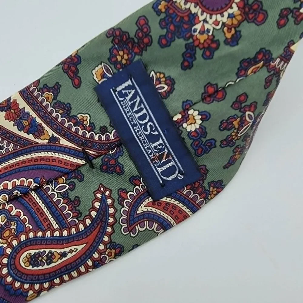 Vintage Lands' End Men's Green Silk Necktie Designer Vintage Size 57.5 x 3.5